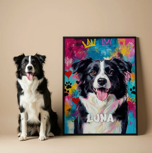 Poster graffiti personnalisé d'un chien sur fond coloré avec touches de couleur.