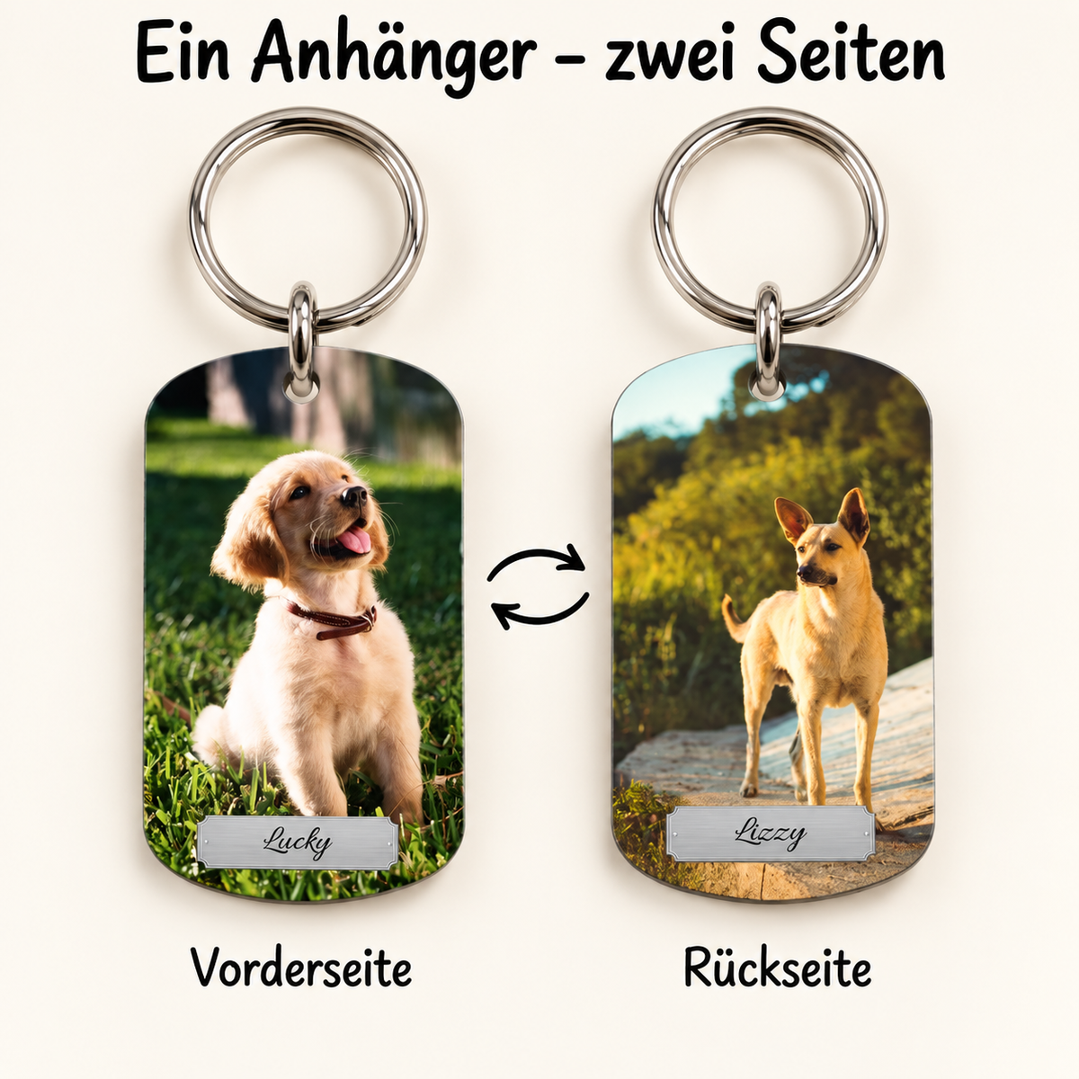 Porte-clés personnalisé avec deux photos de chiens recto et verso. Anneau en métal.