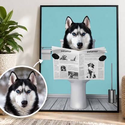 Illustration personnalisée d'un husky assis sur les toilettes en train de lire le journal. Fond bleu clair.