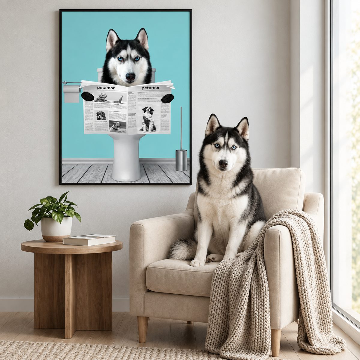 Poster d'un chien lisant le journal sur fond bleu clair. Chien assis sur un fauteuil beige avec une couverture.