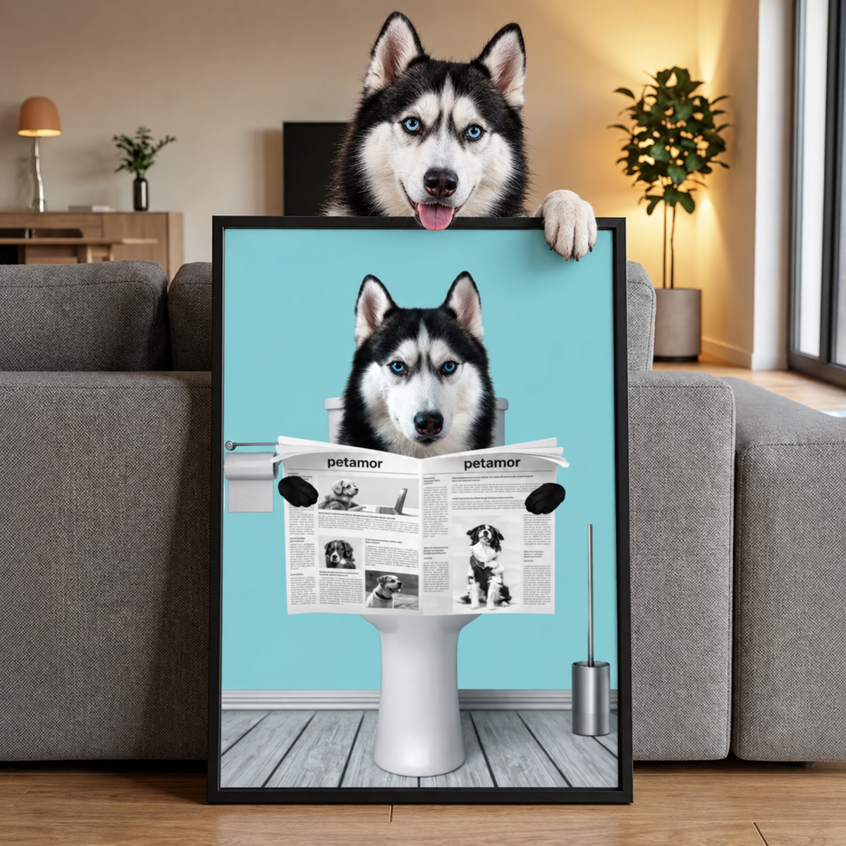 Poster personnalisé d'un chien assis sur les toilettes en train de lire le journal. Cadre noir.