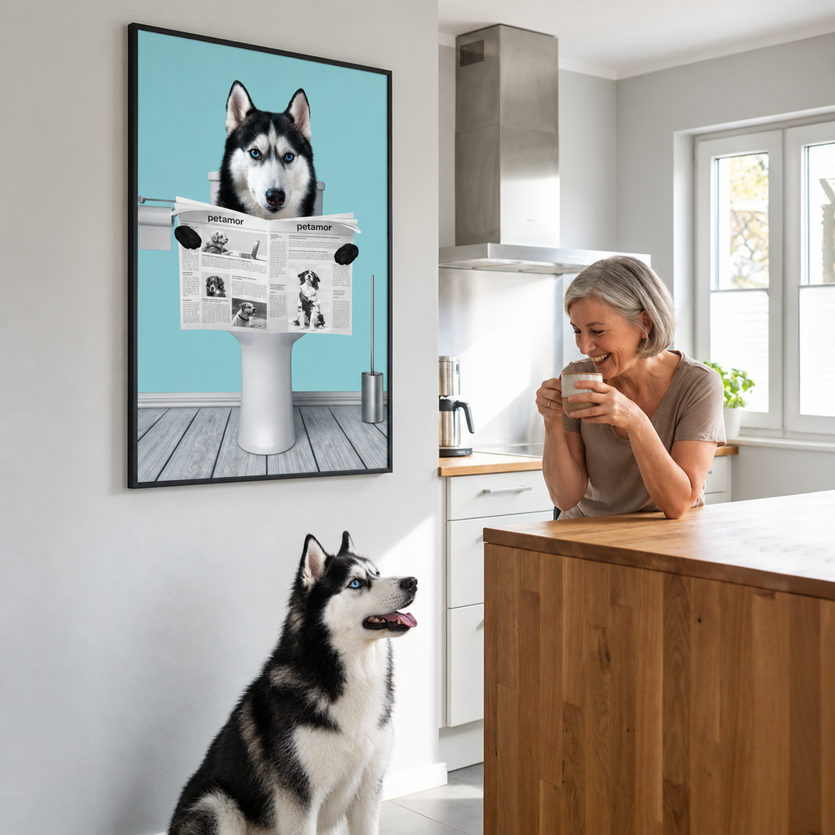 Poster personnalisé d'un husky lisant le journal, dans une cuisine moderne.