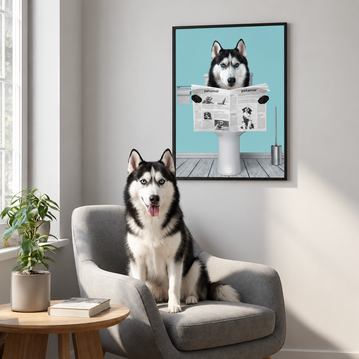 Poster coloré d'un chien assis sur les toilettes en train de lire le journal. Design sans cadre.