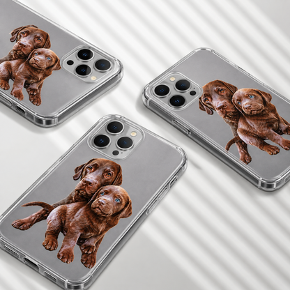 Trois coques de téléphone personnalisées avec images de chiots labradors marron. Matière transparente.