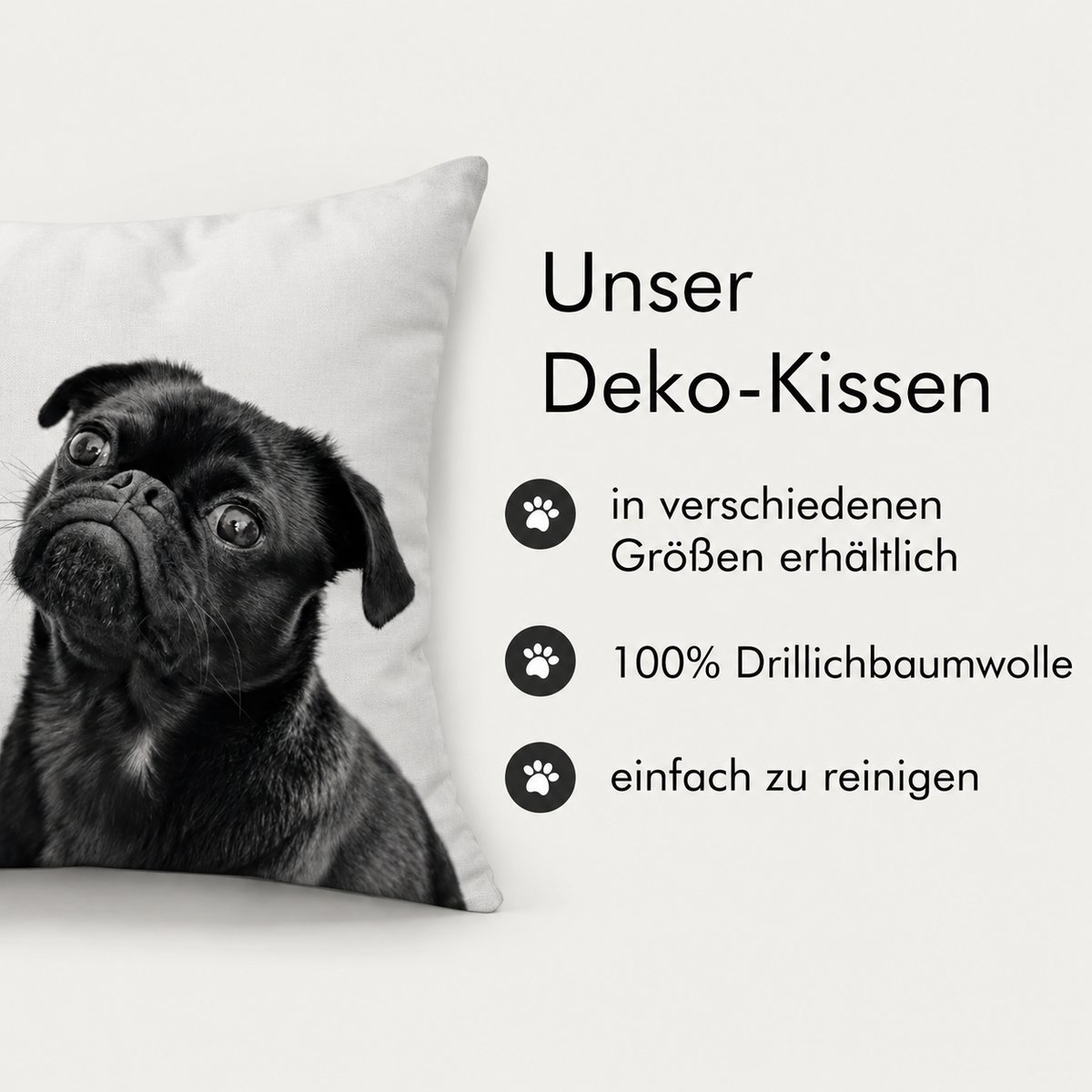 Coussin photo noir avec image d'un carlin, 100 % coton drill, disponible en plusieurs tailles.