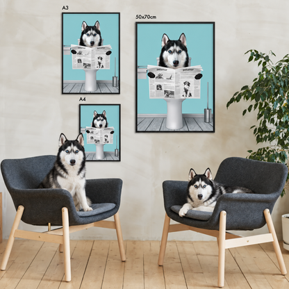 Trois posters personnalisés d'un husky lisant le journal dans des cadres noirs. Chaises et plante en arrière-plan.