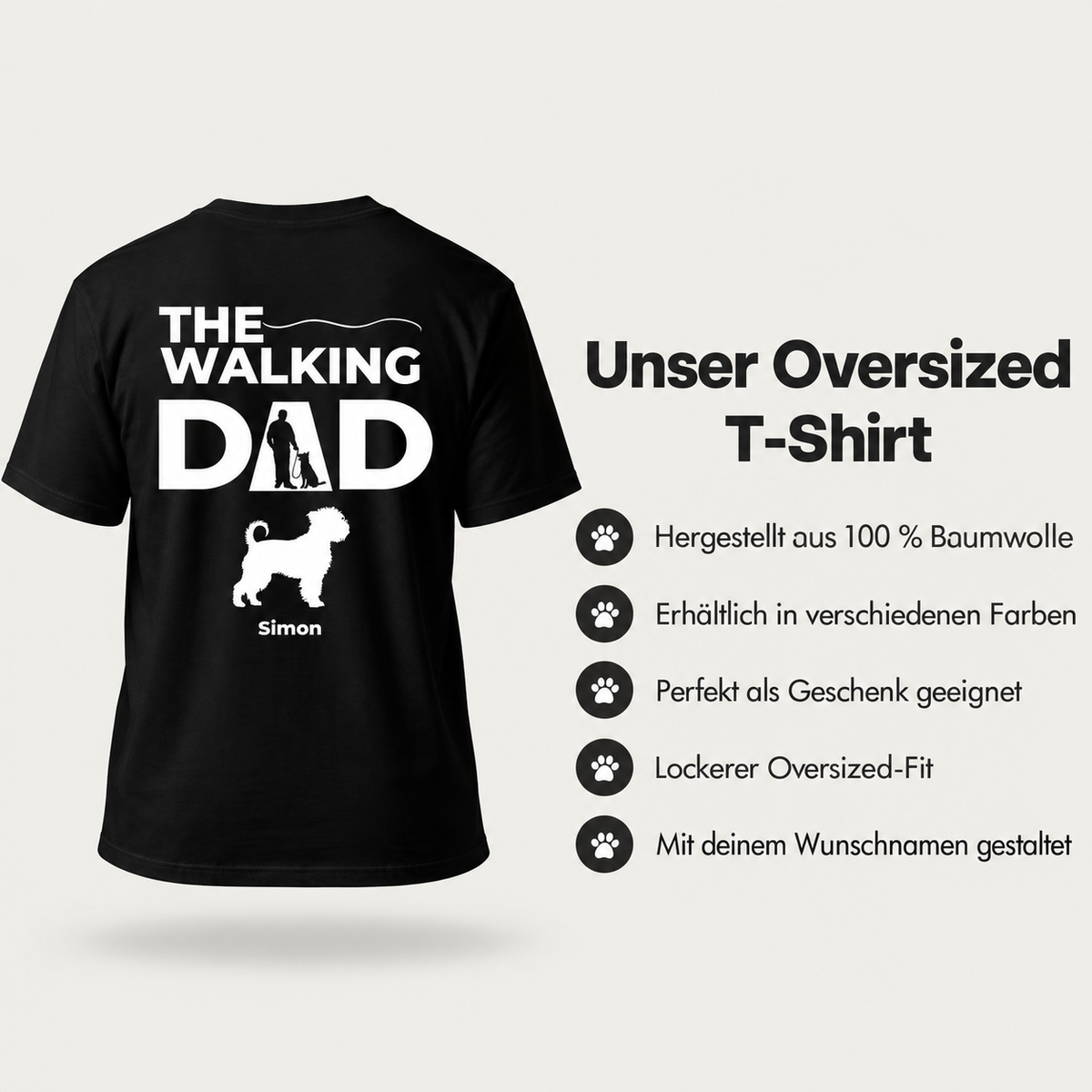 T-shirt oversize noir 100 % coton avec l'inscription "The Walking Dad" et un motif de chien.