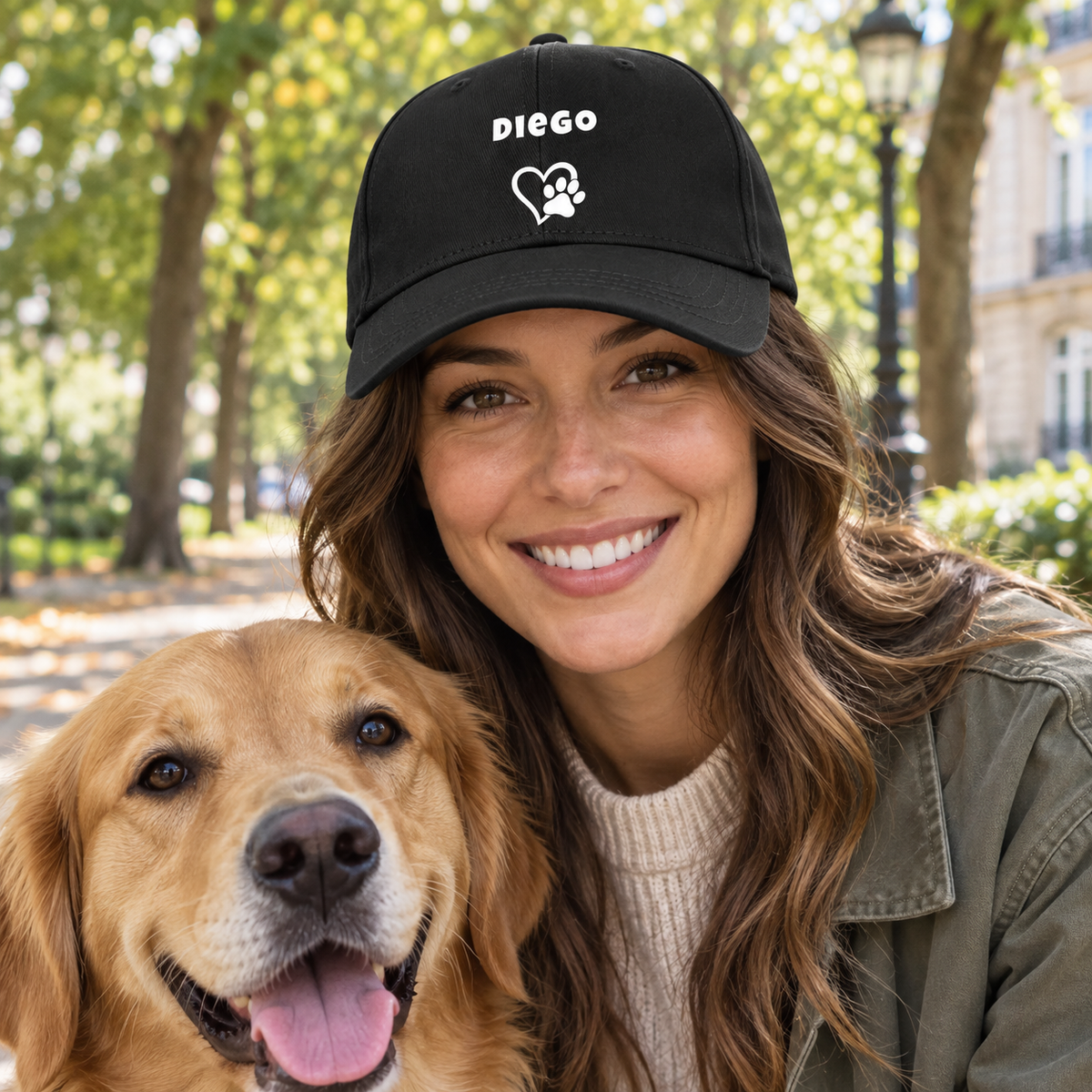 Casquette noire avec le nom “Diego”, cœur et patte, portée par une femme souriante avec un golden retriever.