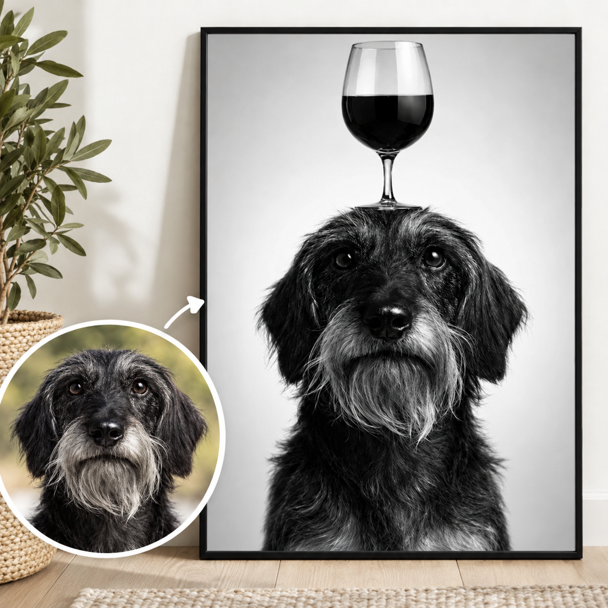 Poster noir et blanc d'un chien avec un verre à vin sur la tête, dans un cadre moderne.