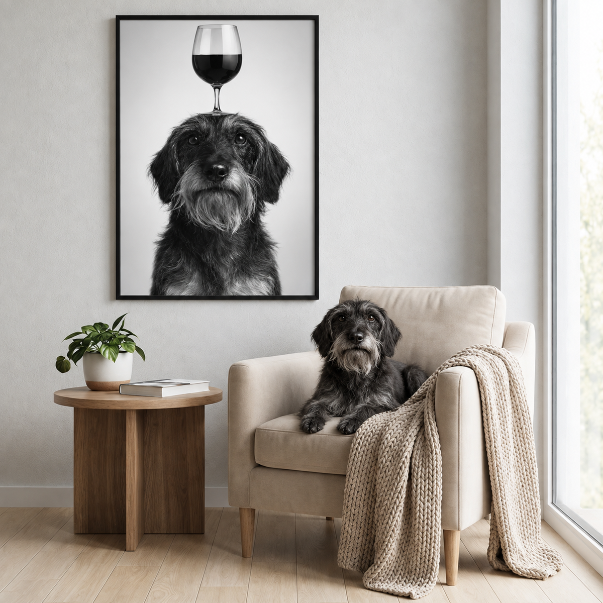 Poster noir et blanc encadré d'un chien avec un verre à vin sur la tête. Chien assis sur un fauteuil beige dans une pièce moderne.