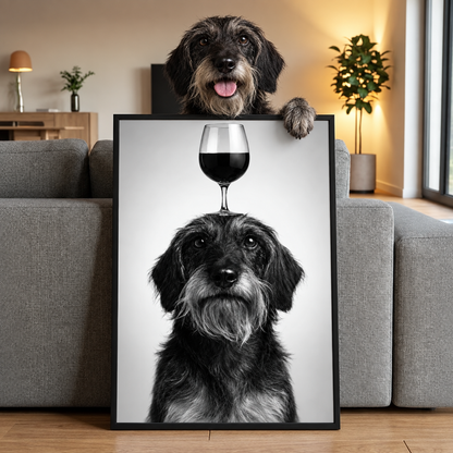 Décoration murale personnalisée avec portrait de chien et un verre à vin sur la tête.