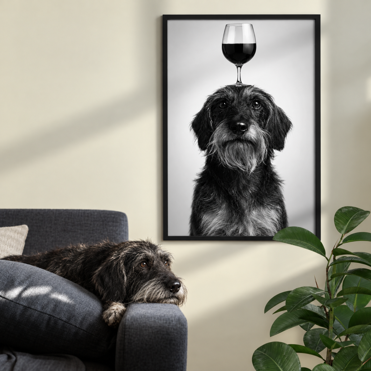 Poster noir et blanc d'un chien avec un verre à vin sur la tête, encadré et fixé au mur.