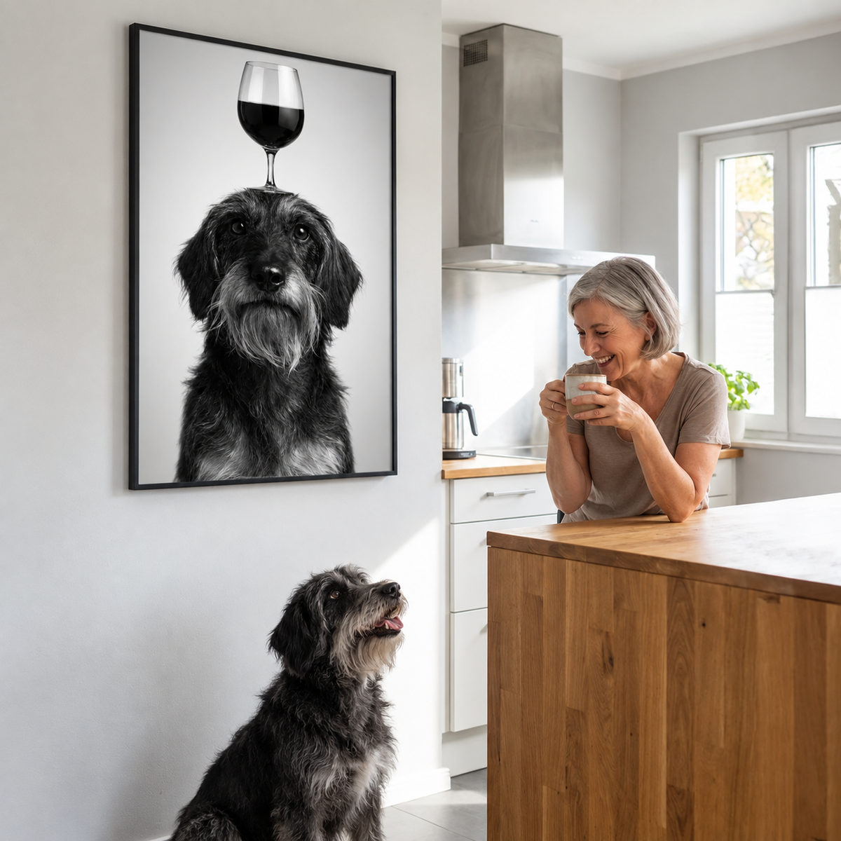 Décoration murale personnalisée avec photo de chien et verre à vin, femme avec une tasse dans une cuisine moderne.