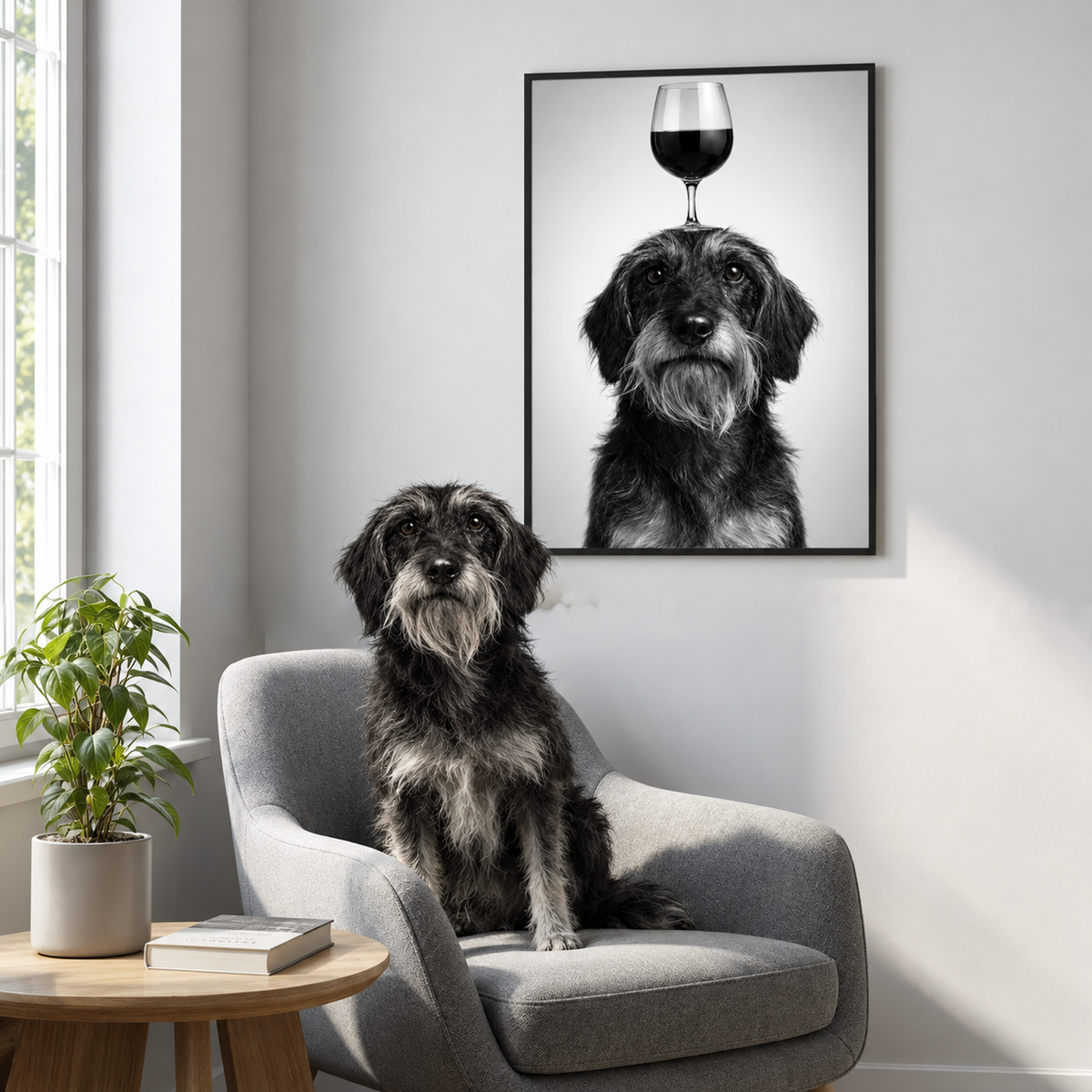 Poster noir et blanc d'un chien avec un verre à vin sur la tête, au mur au-dessus d'un fauteuil douillet.