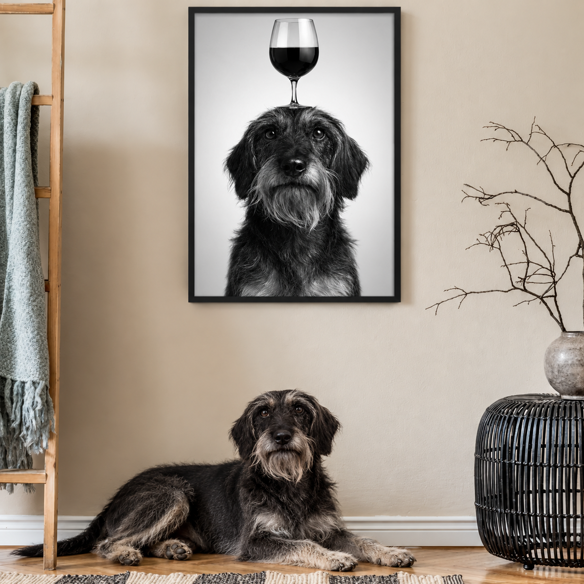 Poster noir et blanc d'un chien avec un verre à vin sur la tête, accroché au mur. Un chien couché devant.