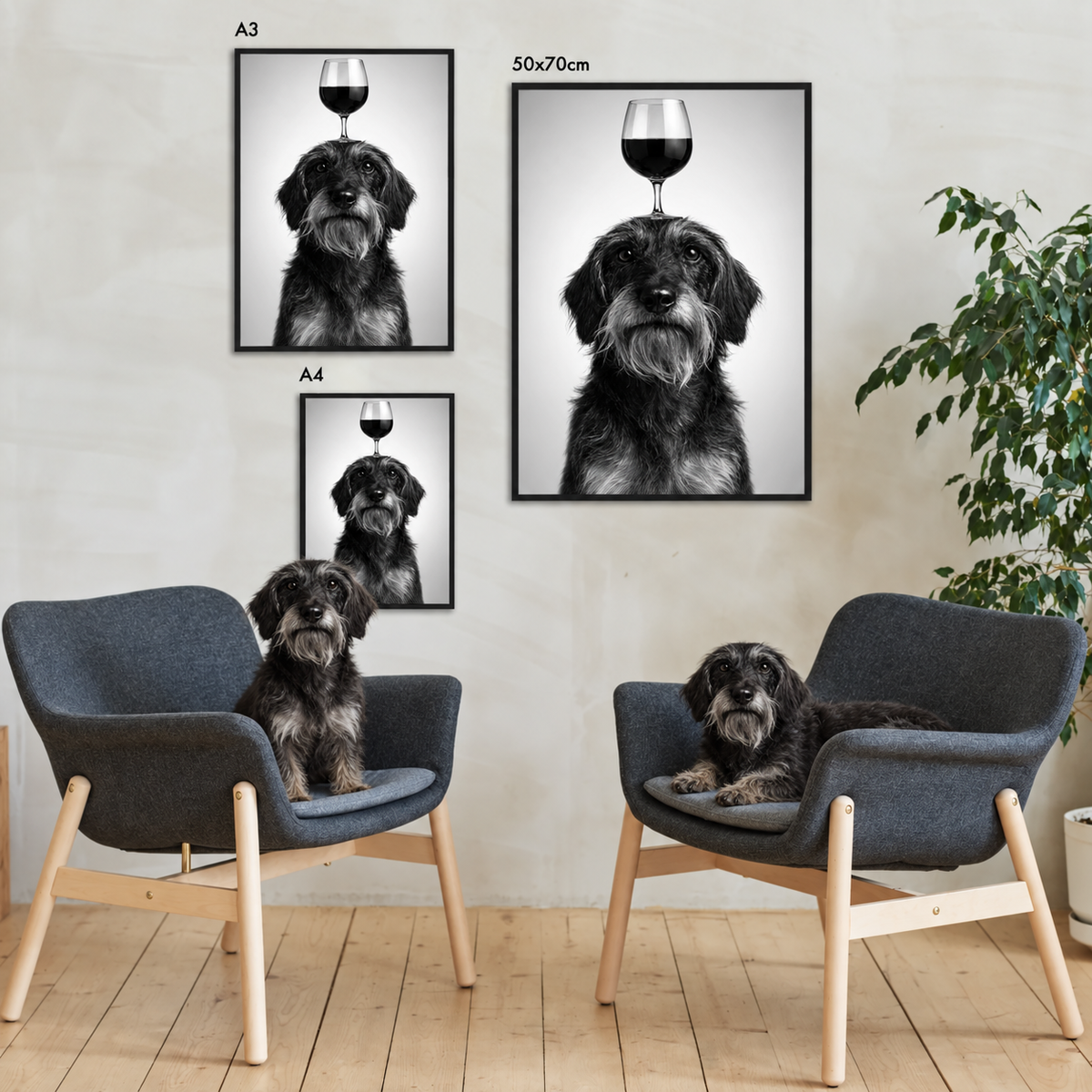 Posters personnalisés avec chien et verre à vin, formats A3 et A4, dans des cadres modernes.