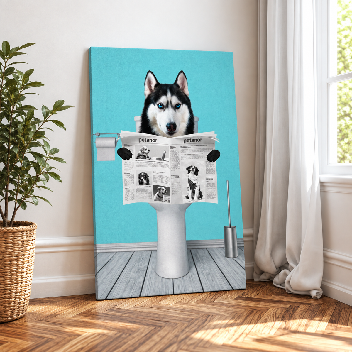 Toile d'un chien assis sur les toilettes en train de lire le journal, fond turquoise.