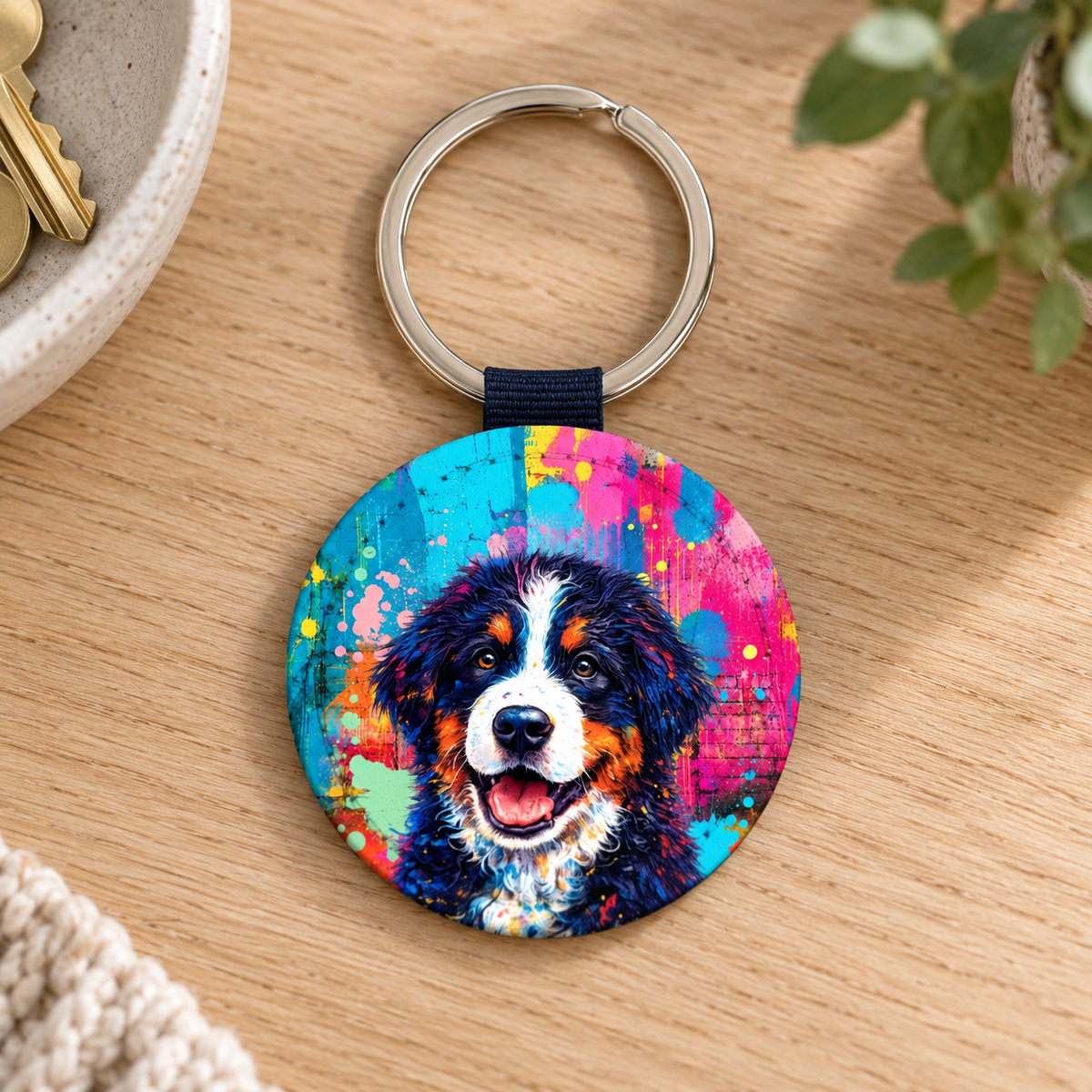 Porte-clés rond avec motif de chien coloré et design street art.