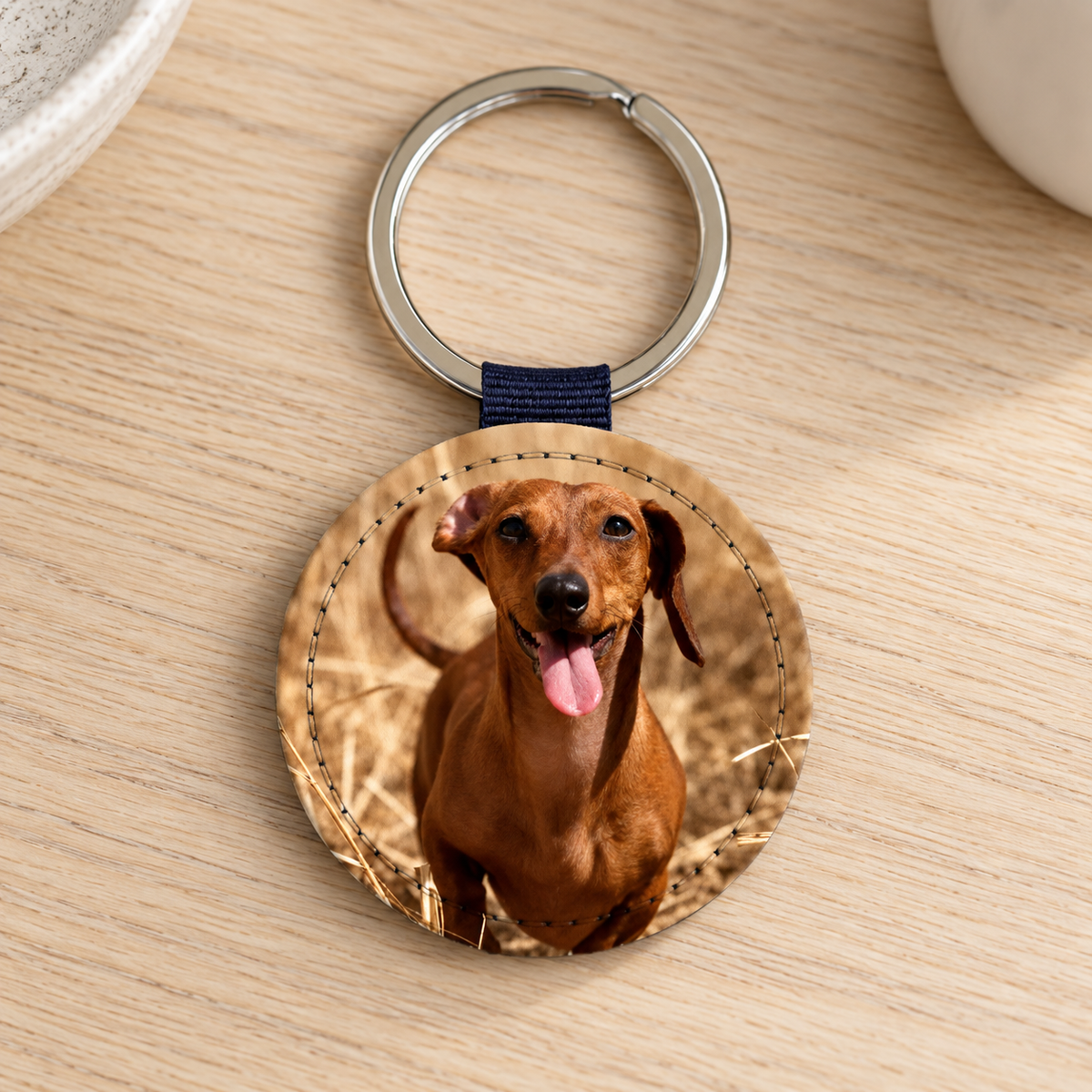 Porte-clés rond avec photo d'un chien souriant sur une table en bois.