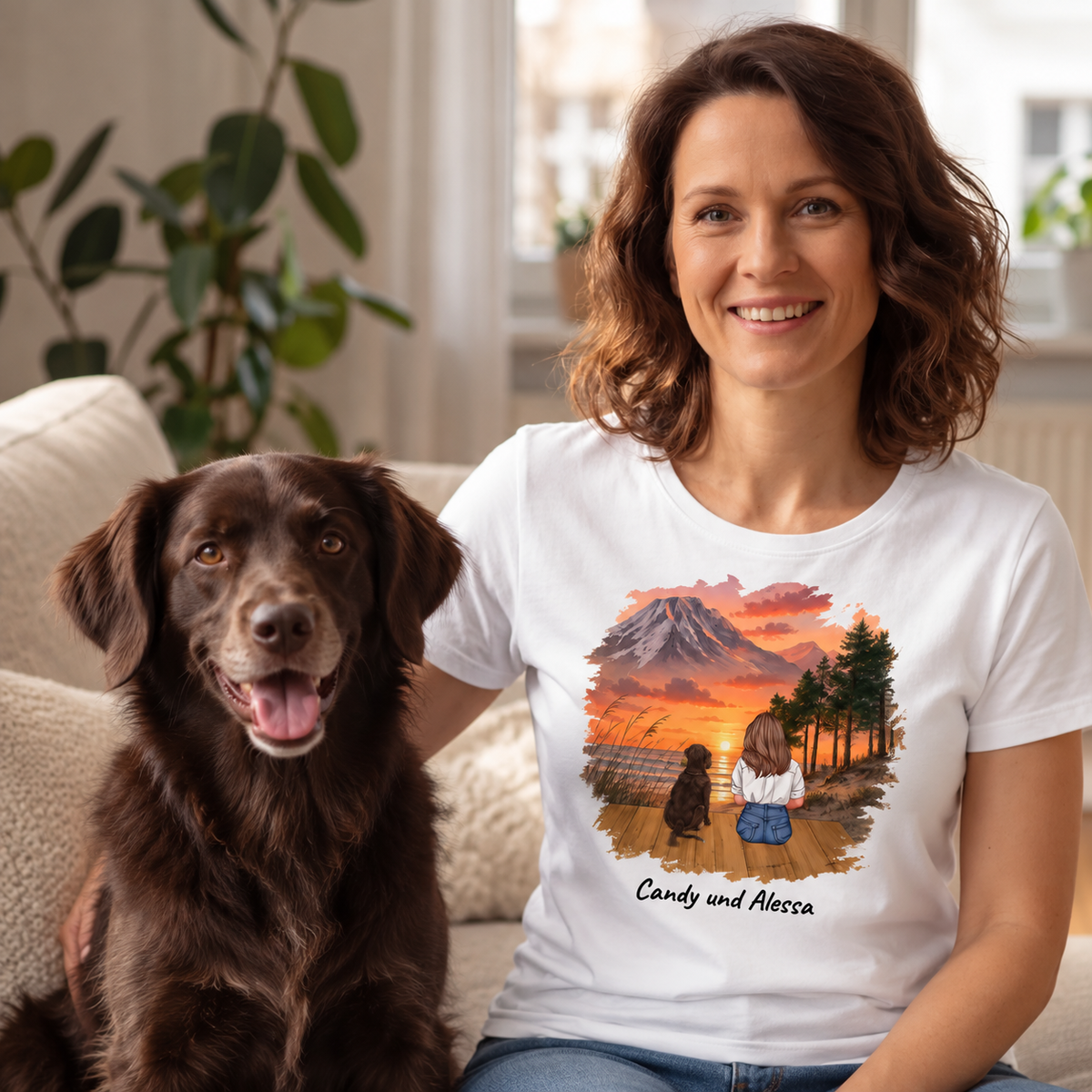 T-shirt blanc avec motif personnalisé d'une femme et de son chien devant un paysage.