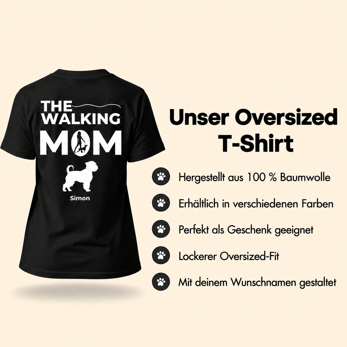 T-shirt oversize noir 100 % coton, avec texte personnalisable et motif de chien.