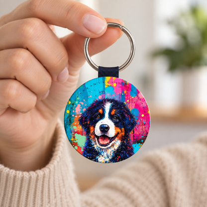 Porte-clés personnalisé avec un motif de chien coloré inspiré du street art.