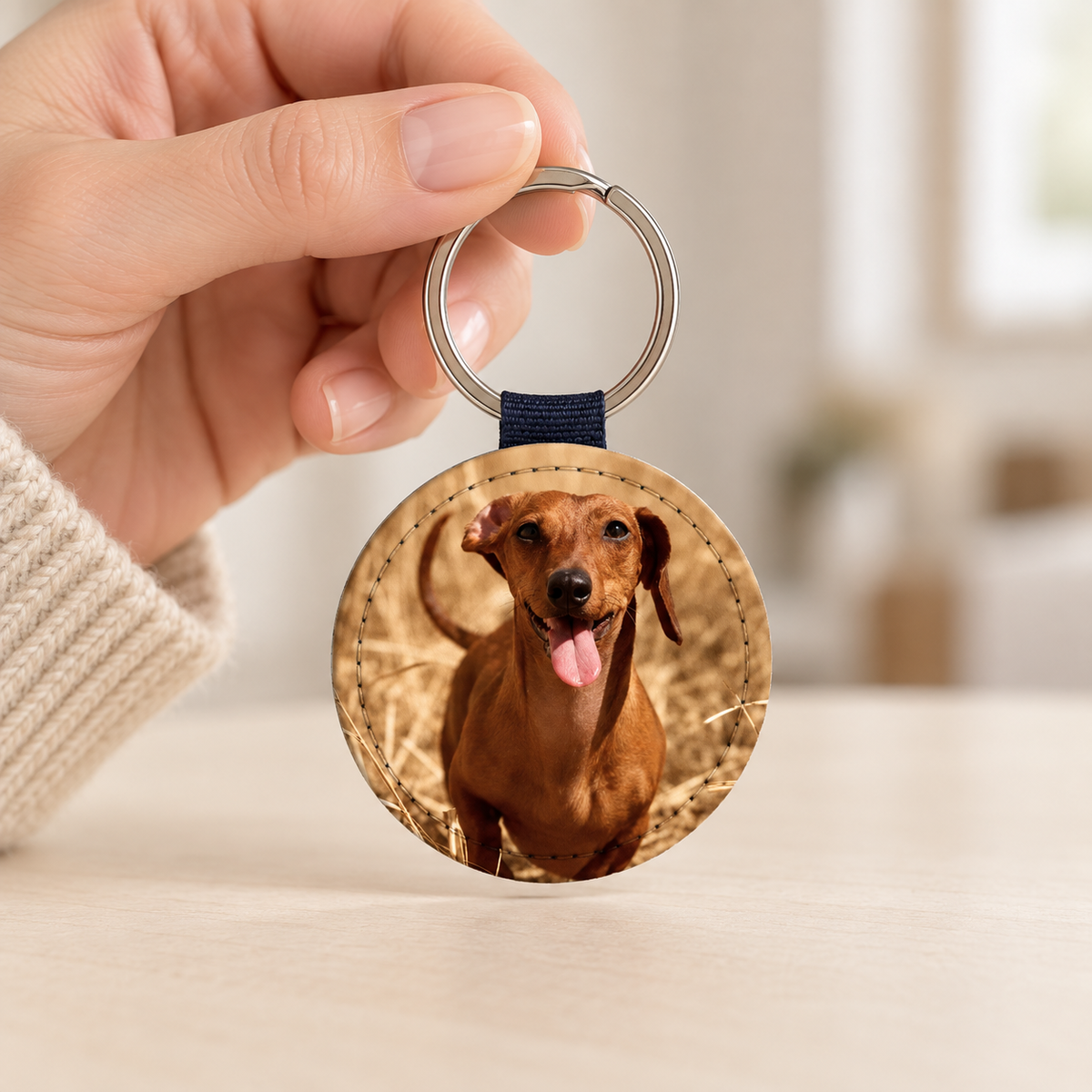 Porte-clés personnalisé avec pendentif rond et photo d'un chien, anneau argenté.