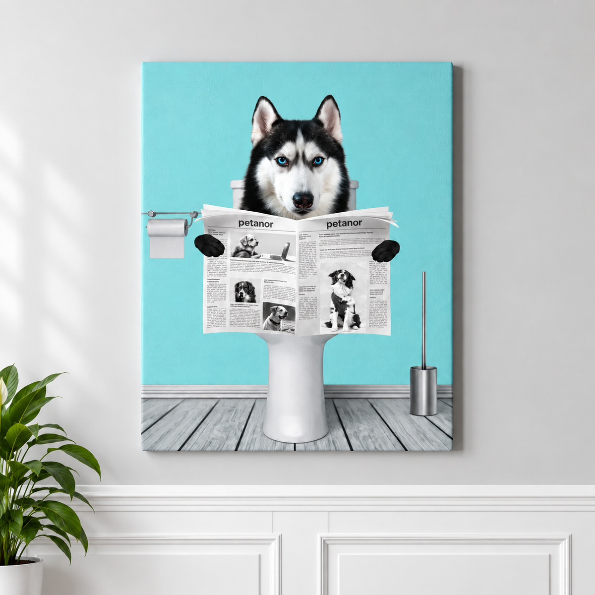 Toile d'un chien avec des journaux dans une scène de toilettes humoristique devant un mur turquoise.