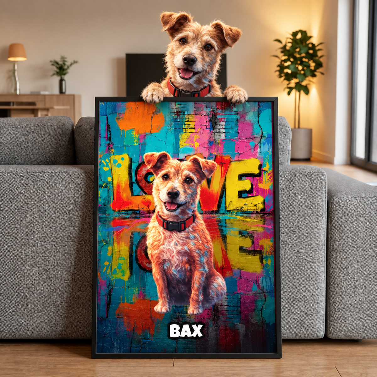 Poster personnalisé style street art d'un chien, fond coloré avec le mot "LOVE".
