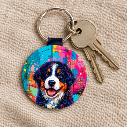 Porte-clés rond avec design street art coloré d'un chien, anneau en métal et clé.