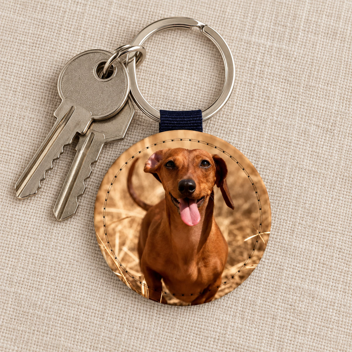 Porte-clés rond avec photo de chien personnalisée, anneau en métal et boucle bleue.