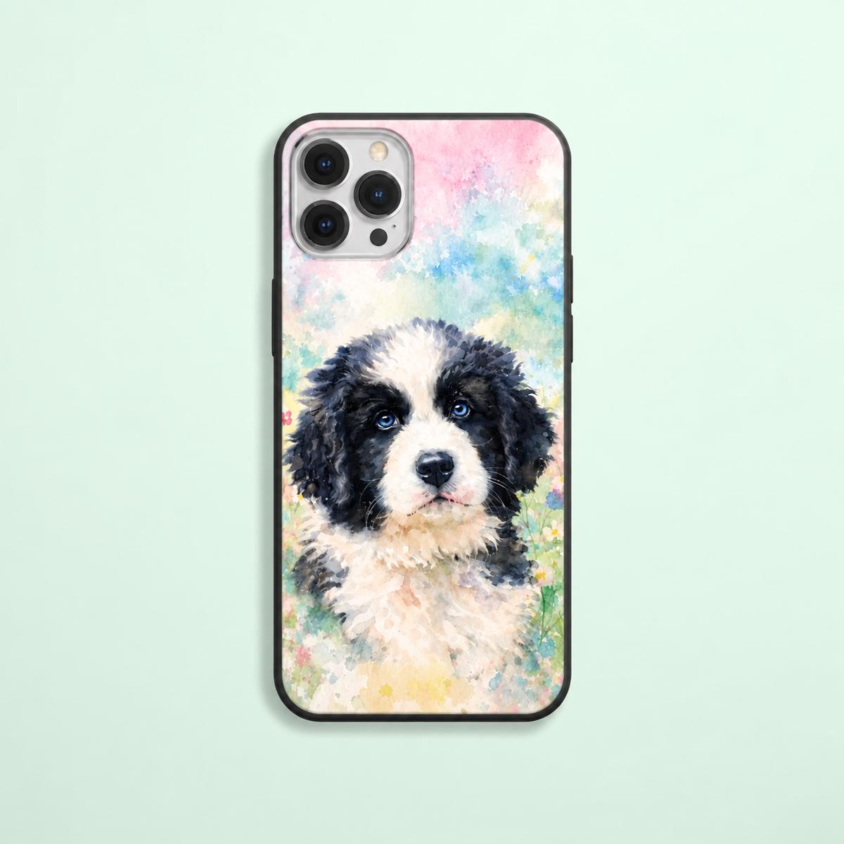 Coque de téléphone personnalisée avec motif de chien aquarelle sur fond clair.