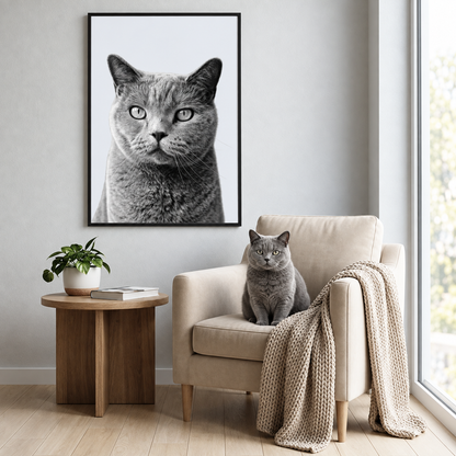Portrait d'animal gris dans un cadre noir au mur au-dessus d'un fauteuil beige avec un chat gris.