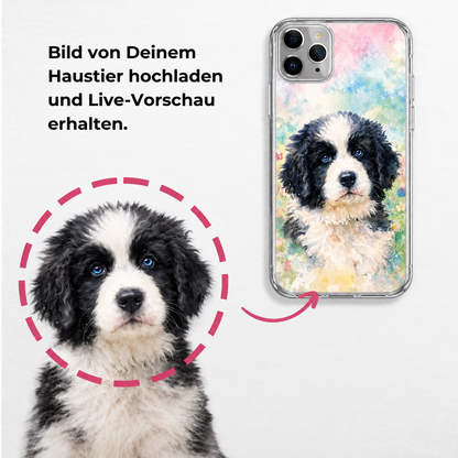 Coque de téléphone personnalisée avec impression aquarelle d'un portrait de chien sur fond transparent.