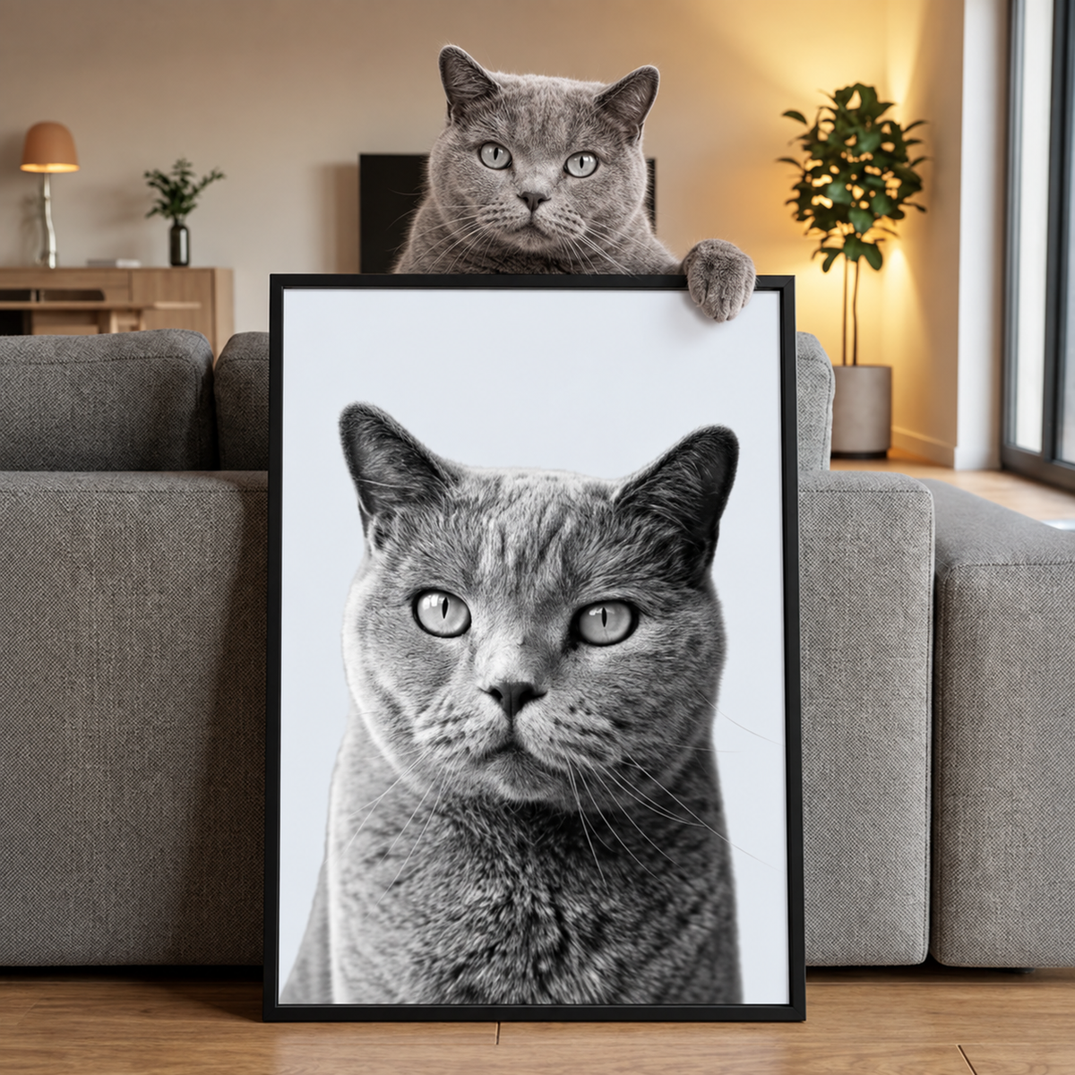 Portrait d'animal gris dans un cadre noir, présenté par un chat qui lui ressemble.