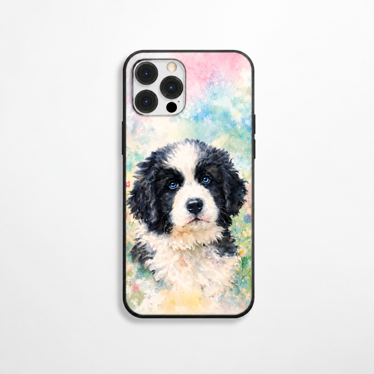 Coque de téléphone avec motif de chien aquarelle, dégradé de tons pastel.