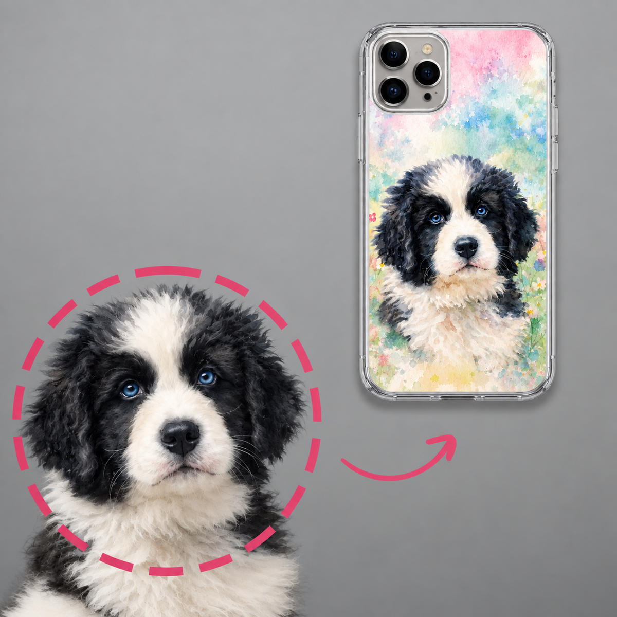 Coque de téléphone personnalisée avec impression aquarelle d'un chien en rose et vert.