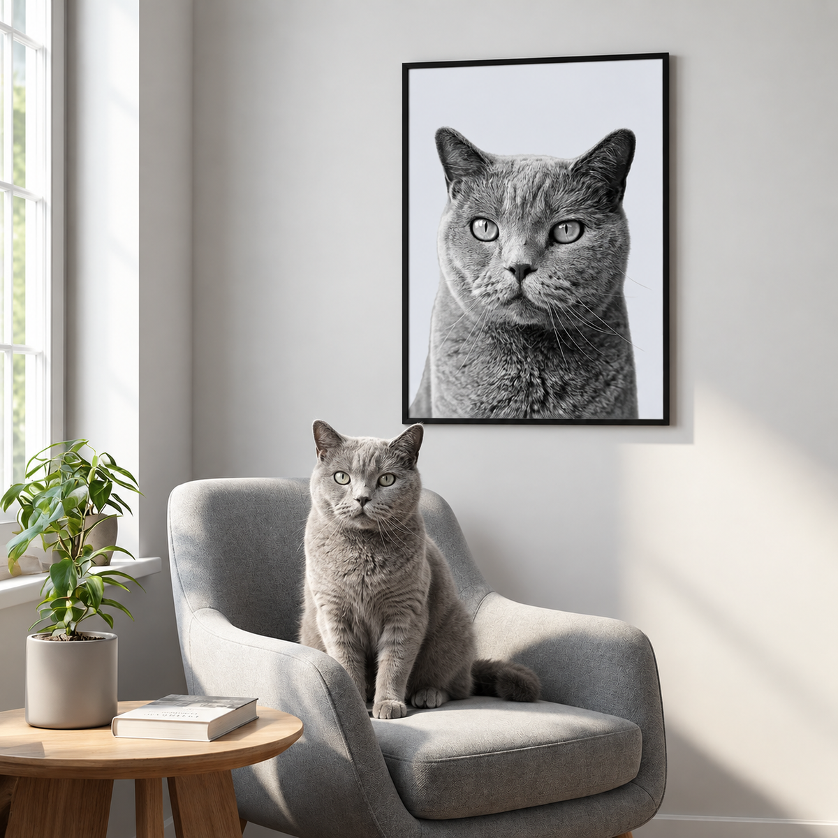 Chat gris assis sur un fauteuil devant un poster encadré de portrait de chat noir et blanc.
