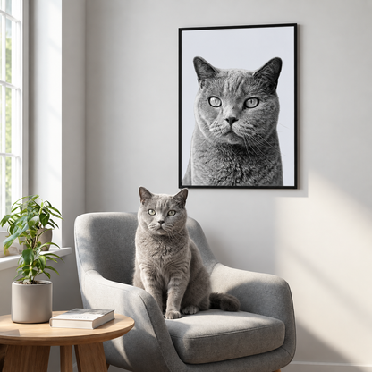 Chat gris assis sur un fauteuil devant un poster encadré de portrait de chat noir et blanc.