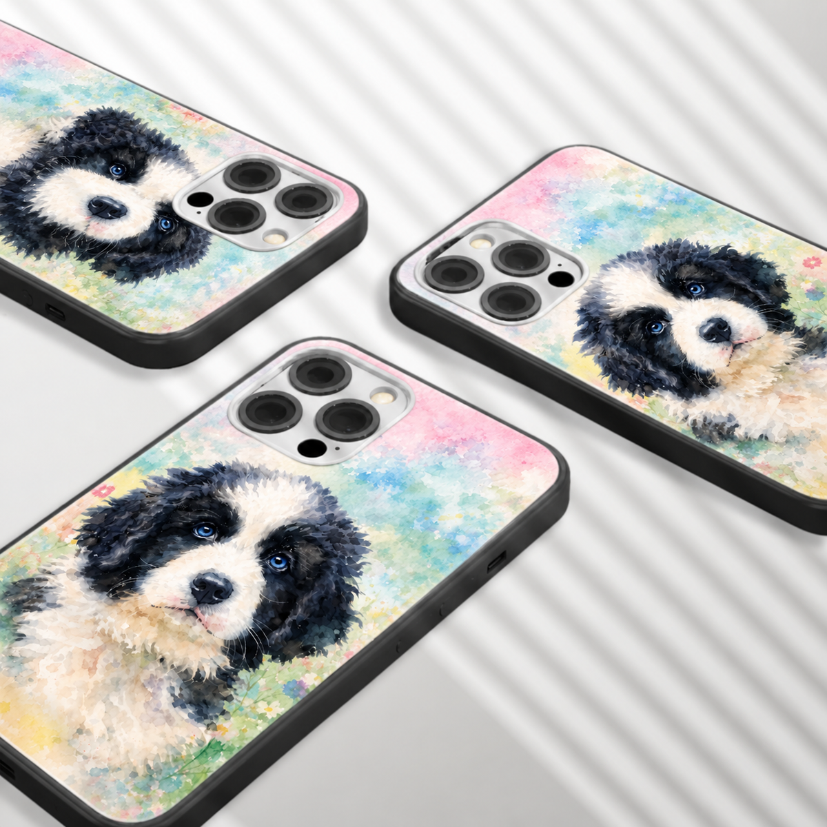 Trois coques de téléphone personnalisées avec designs de chiens aquarelle colorés.