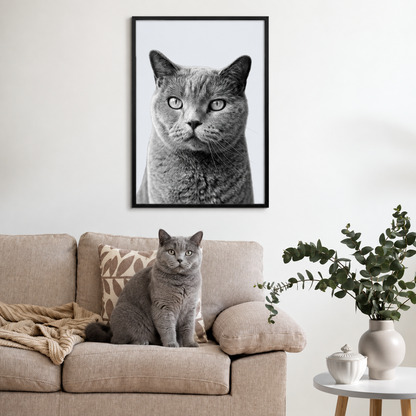 Portrait d'animal gris encadré au-dessus d'un canapé beige avec un chat gris semblable devant.