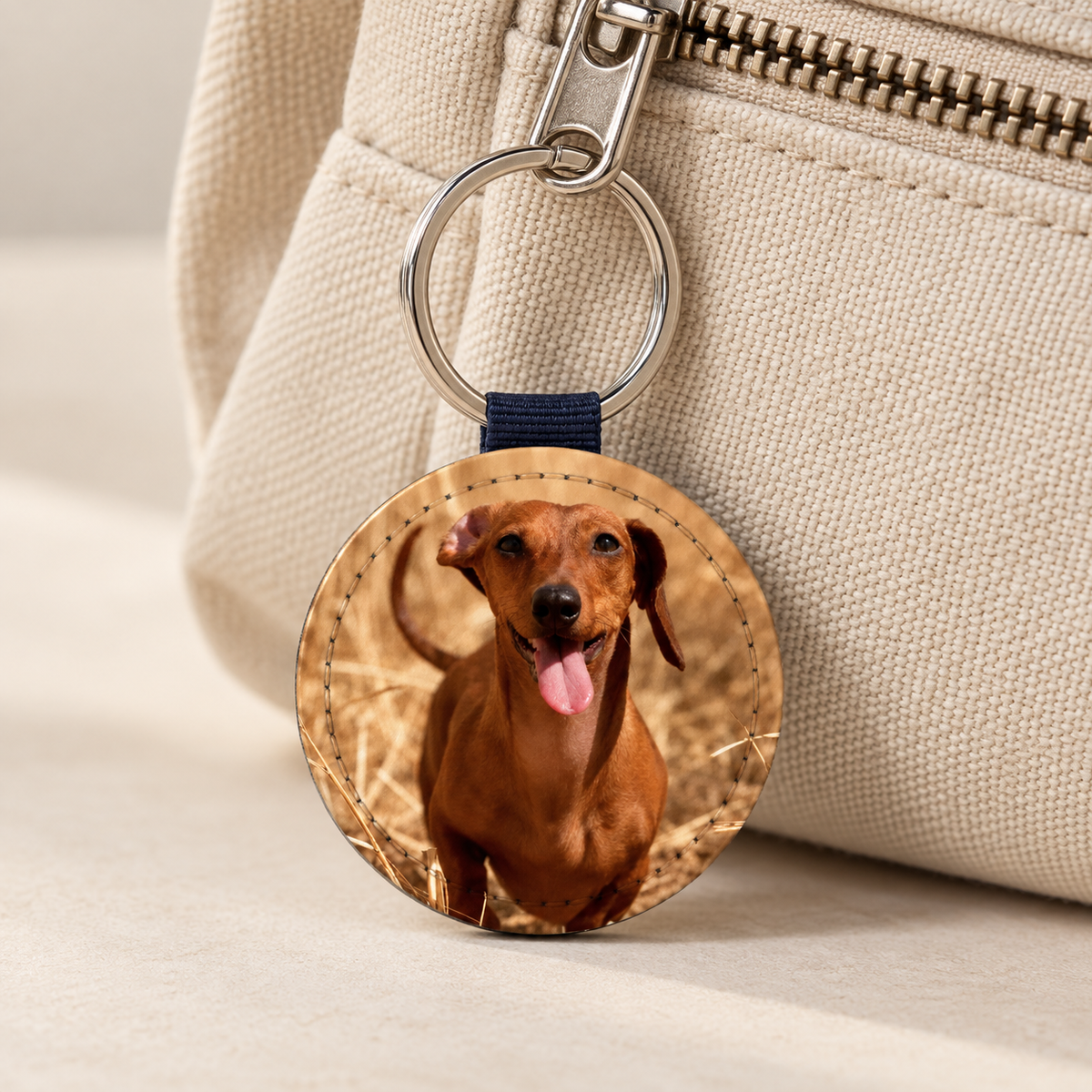 Porte-clés rond avec photo de chien personnalisée, gris avec dragonne bleue.