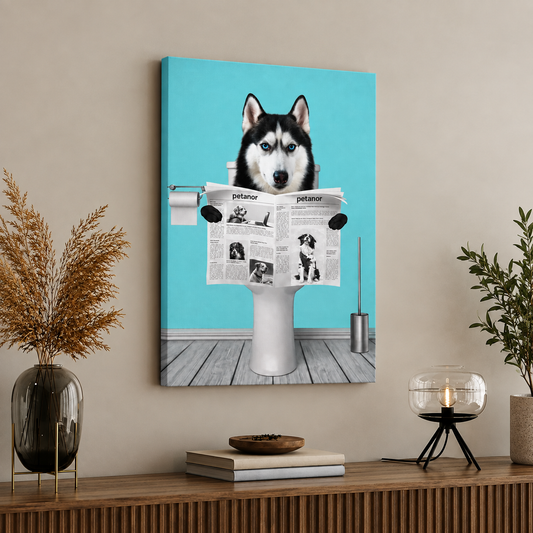 Toile avec un chien assis sur les toilettes lisant le journal, fond bleu.