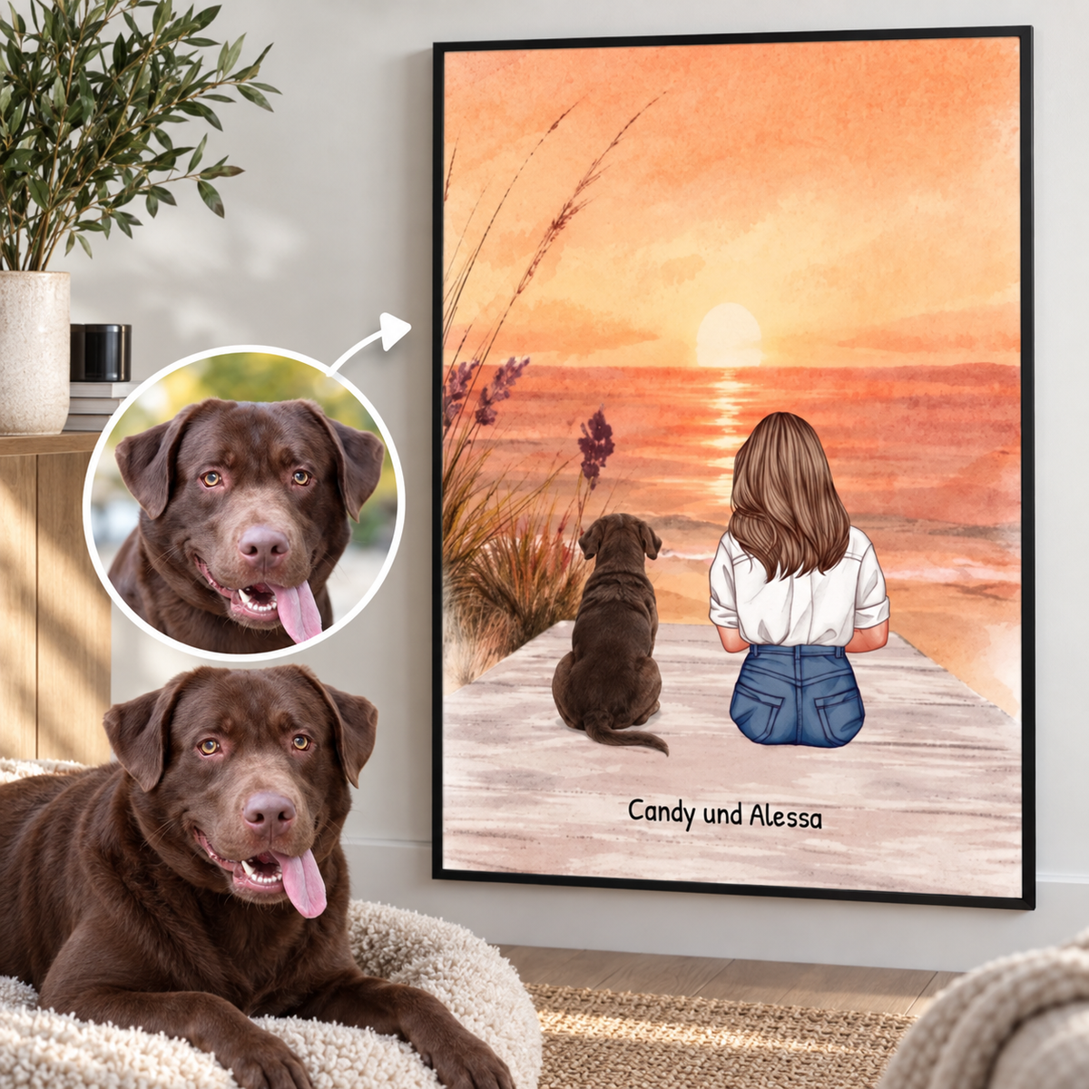 Art mural personnalisé avec une femme et son chien au bord de la mer au coucher du soleil.