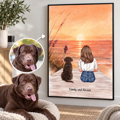 Art mural personnalisé avec une femme et son chien au bord de la mer au coucher du soleil.