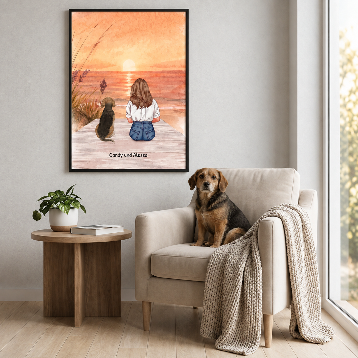 Illustration personnalisée d'une fille et d'un chien sur la plage, aux couleurs chaudes, dans un cadre élégant.