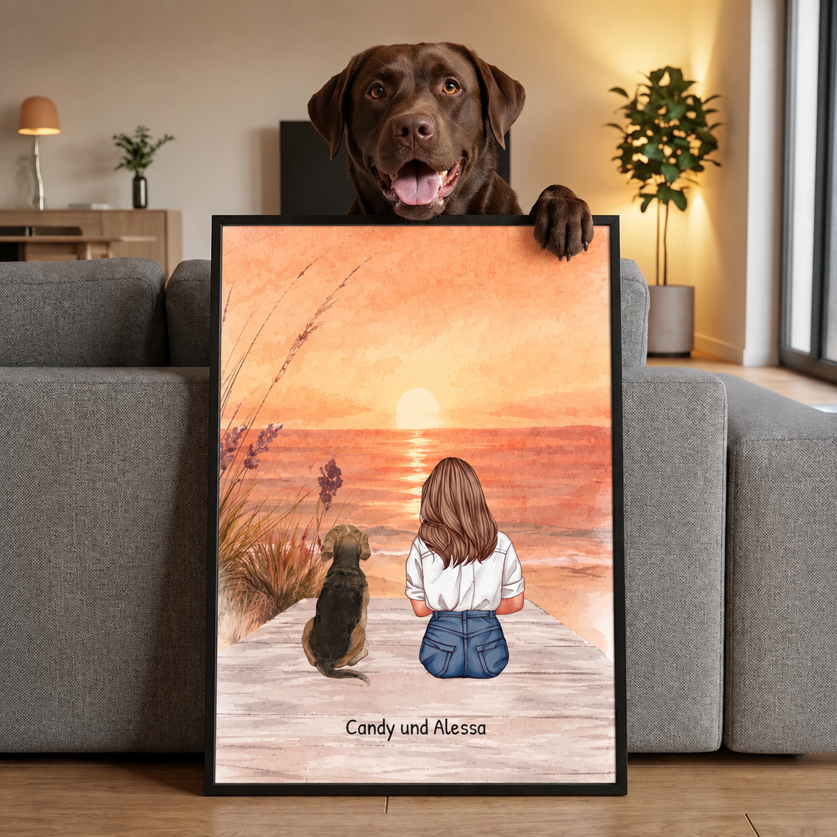 Illustration de poster personnalisé d'une femme et de son chien sur la plage au coucher du soleil.