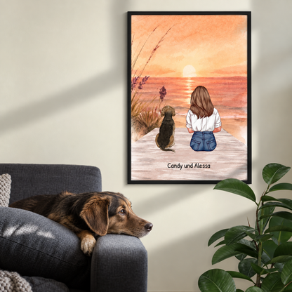 Art mural personnalisé avec une femme et son chien sur la plage au coucher du soleil. Cadre inclus.