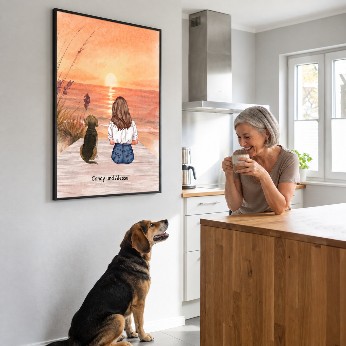 Illustration de poster personnalisé d'une femme et d'un chien sur la plage au coucher du soleil.