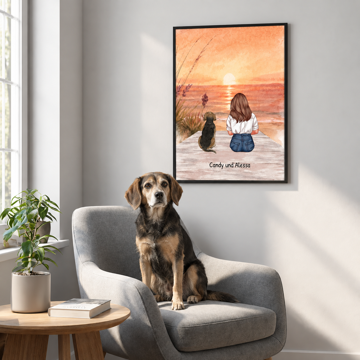 Art mural personnalisé d'une fille avec un chien, peint au coucher du soleil, dans un cadre moderne.